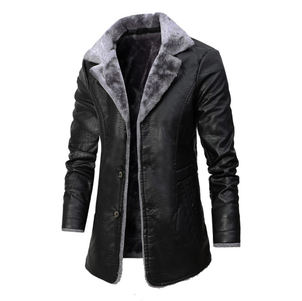 Men&#39;s medium and long leather clothes autumn and winter business European Code Plush large lapel suit leather Plush coat men