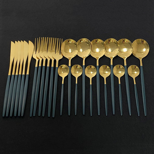 24Pcs Colorful Dinnerware Set Stainless Steel Cutlery Set Kitchen Mirror Gold Tableware Set Knife Fork Spoon Dinner Set