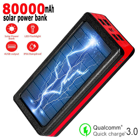 80000mAh Solar Power Bank Phone Portable Fast Charger with LED Light 4 USB Ports External Battery for Xiaomi Iphone Samsung