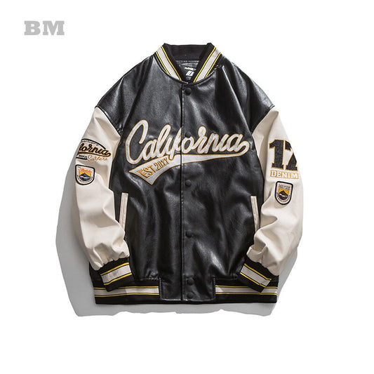 European American Style Streetwear Patchwork Baseball Uniform Hip Hop Bomber Jacket High Quality Casual Leather Men Clothing