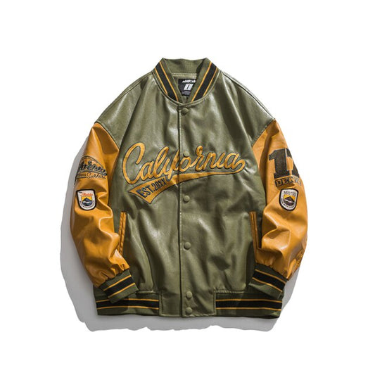 European American Style Streetwear Patchwork Baseball Uniform Hip Hop Bomber Jacket High Quality Casual Leather Men Clothing