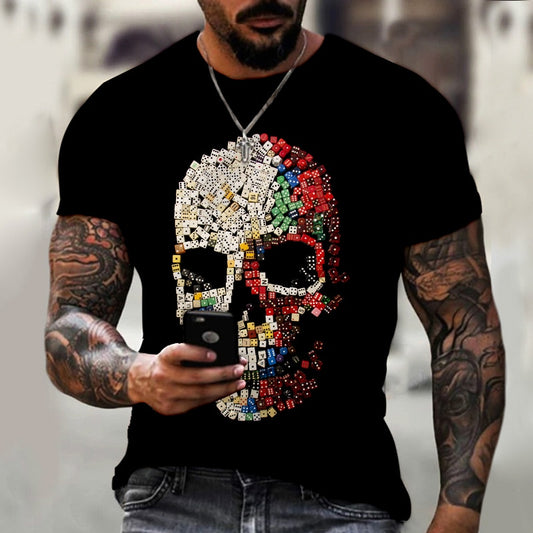 Summer Men&#39;s Short-Sleeved Sports T-Shirt Large Size Round Neck Skull 3D Printing Casual Street Hip Hop Breathable Men Clothing